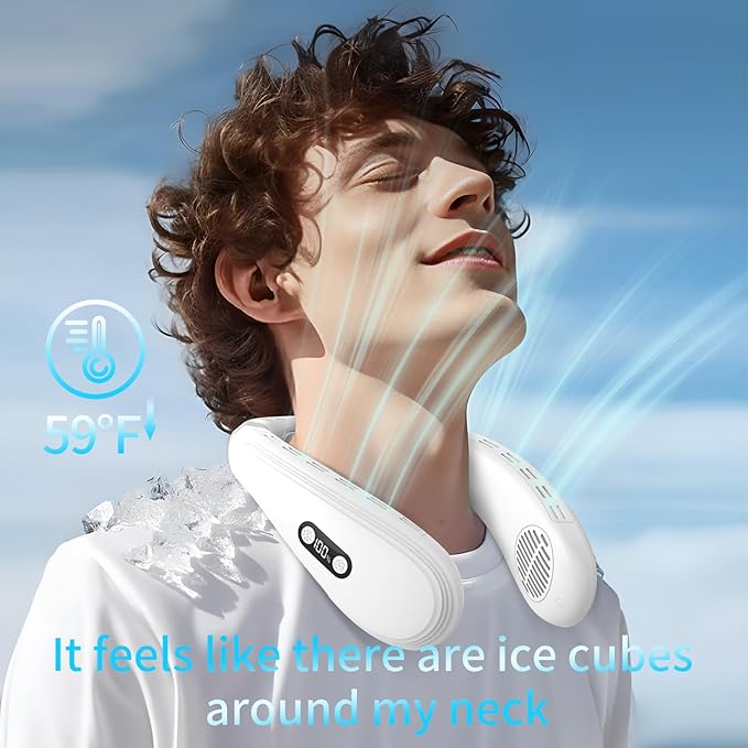 PluvoFan Neck Fan Back-Windy 6000mAh with Cooling Plate Cold Compress Bladeless Portable Thermo-Electric Cooler Rechargeable Holiday Essentials for Women Men Outdoor Camping Gardening Walking(White)