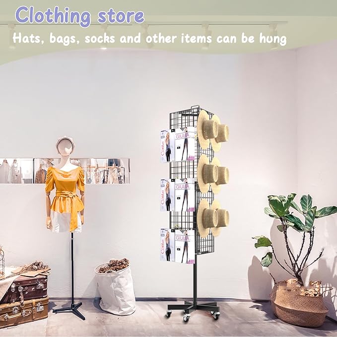 Grid Wall Panels Display Stand - 16”*63.3” Triangular Display Racks with 30 Hooks for Vendor Events , 360° Rotating Art Display Panels Heavy Duty Floor Standing Movable Retail Display Organization