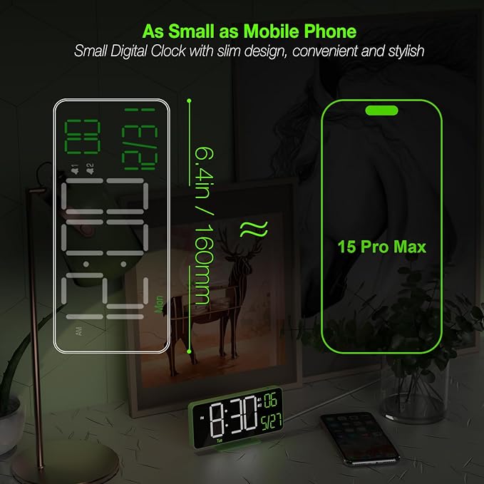 KOSUMOSU Small Digital Clock, 6.7in Alarm Clocks for Bedrooms, Auto Dimming, Room Temperature, Day of The Week, Seconds, Date, Desk Clock for Bedroom, Digital Clocks for Living Room