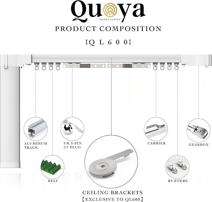 QUOYA QL600 Smart Electric Curtain Track, Motorized motor, Adjustable track length, compatible with Alexa, google, Siri, Apple Watch