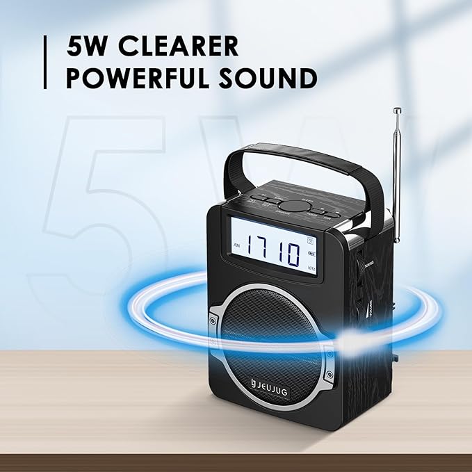 JEUJUG Radio Portable AM FM Digital Radios Clock Radio with Bluetooth 5 Watts Loud Speaker Rechargeable AM FM Radios Plug in Wall Battery Operated Best Reception for Home Outdoor Great Gift Black