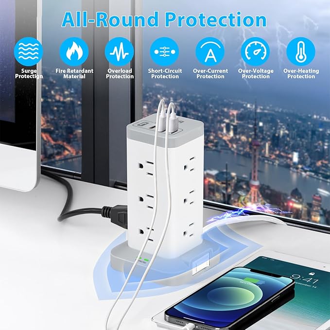 BEVA Power Strip Tower with USB Ports, 16 in 1 Surge Protector Tower, 12 AC and 4USB Ports, 10 FT Extension Cord with Multiple Outlets, Power Tower Charging Station for Office Supplies（White）