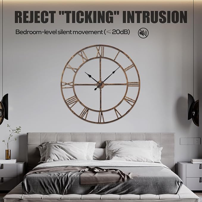 Ohweog Large Wall Clock for Living Room Decor – 48 Inch Silent Non-Ticking Modern Farmhouse Wall Clock, Oversized Decorative Metal Roman Numeral Clock, Bronze