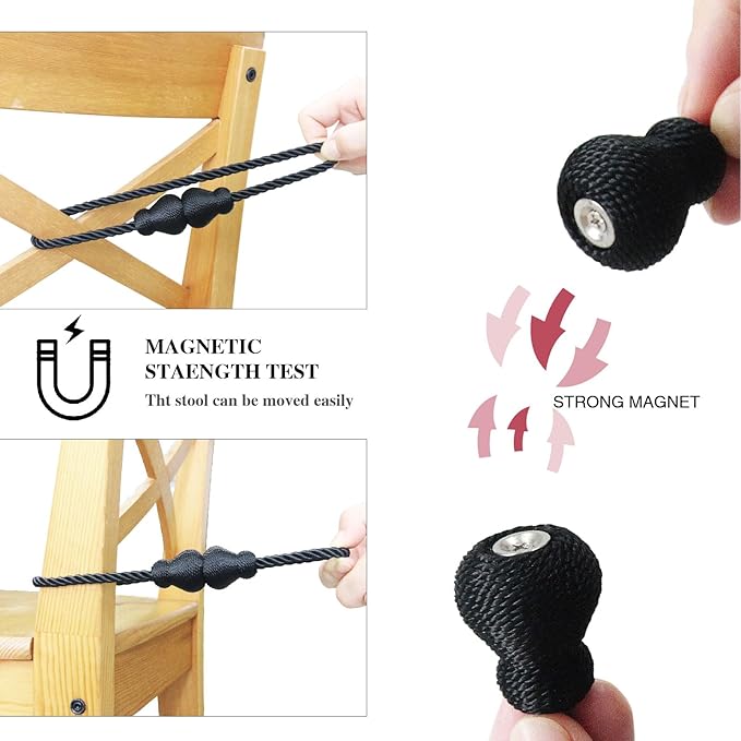 Nieffeiy Magnetic Curtain Tiebacks Outdoor Curtain Tie Backs Rope Decorative Magnetic Curtain Holders for Drapes Window Treatment Holdbacks, Black 6Pack