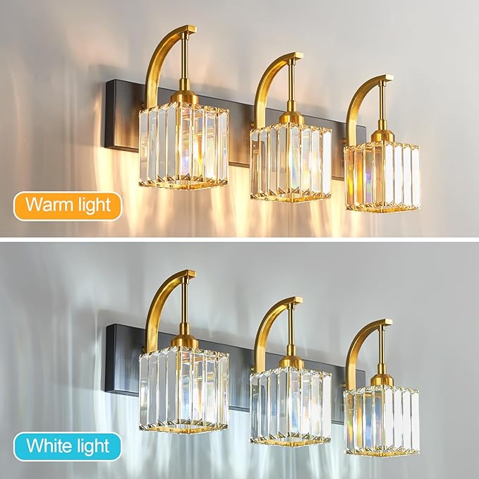 FDPBY Crystal Vanity Lights 3-Light Black Gold Bathroom Vanity Lights Modern Crystal Bathroom Light Fixtures Over Mirror 23.62" Long Vanity Light for Bathroom