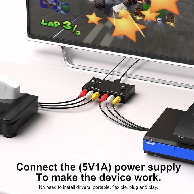 Dingsun 2 Port AV to HDMI Converter, RCA to HDMI Adapter Support 16:9/4:3 Compatible with WII, N64, PS2, VHS, VCR DVD Players etc