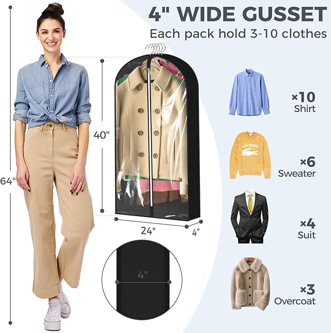6 Pcs 40" Garment Bags for Hanging Clothes, Clear Suit Bags for Closet Storage Clothing Storage, Garment Bags Shoulder Covers with 4" Gussets for Coats, Jackets, Shirts and Sweater, Black