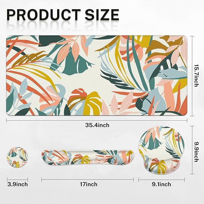 Britimes Bohemian Rainforest Keyboard Mouse Pad Set 4in1 Large Mousepad+Keyboard Wrist Rest+Mouse Wrist Rest+Coaster Set with Ergonomic Design for Home Office Computer 35.4x15.7 inches