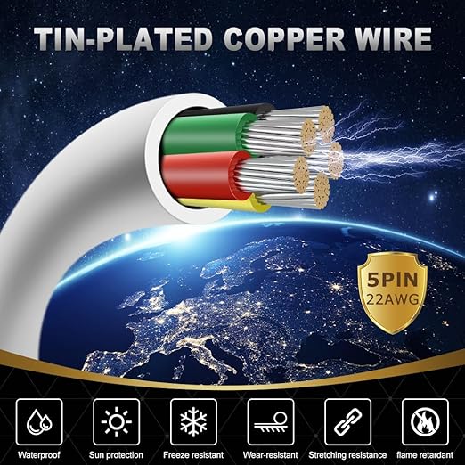 22 Gauge 5 Conductor Electrical Wire, 16.4FT White Stranded Low Voltage 22/5 Cable PVC Case, 22 AWG Tinned Copper 5 Wire Extension Power Cable for LED Lamp Lighting, Automotive