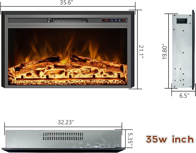 Electric Fireplace, Electric Fireplace Inserts, Recessed Fireplace Heater with Remote Control, Adjustable Flame Colors, Timer&Overheating Protection, 750/1500W, 35" W X 21" H