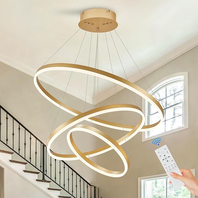 3-Rings Modern LED Chandelier Gold, Dimmable Pendant Lighting by Sparklelf
