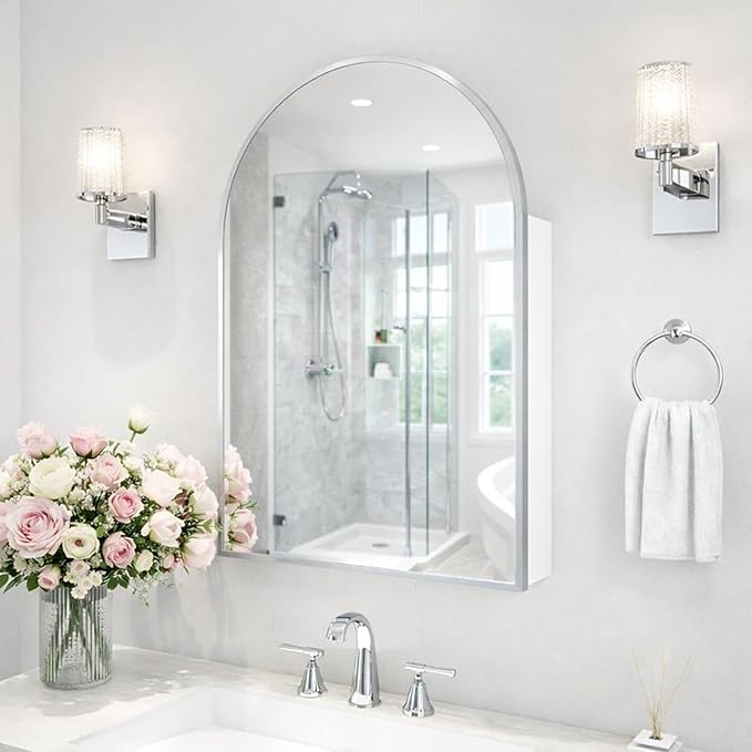24x36 Inch Arch Bathroom Mirror Medicine,Cabinet,Brushed Silver Wall Mounted Bathroom Mirror with Storage,Adjustable Glass Shelves,Surface Mount Only,Mirrored Medicine Cabinets for Bathroom