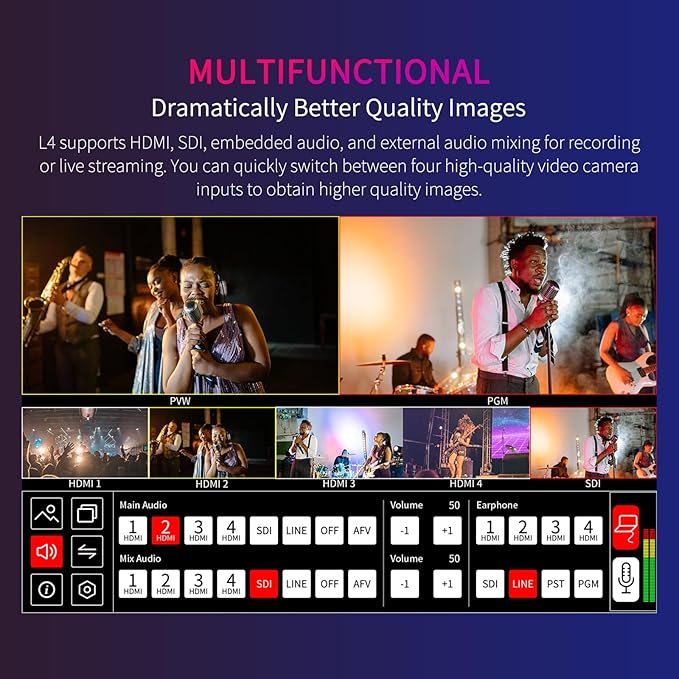 FEELWORLD L4 10.1 Inch Touch Screen Video Switcher 10.1 inch Touchscreen, Real-time Preview 5 Input Sources PST PGM and Operation Interface