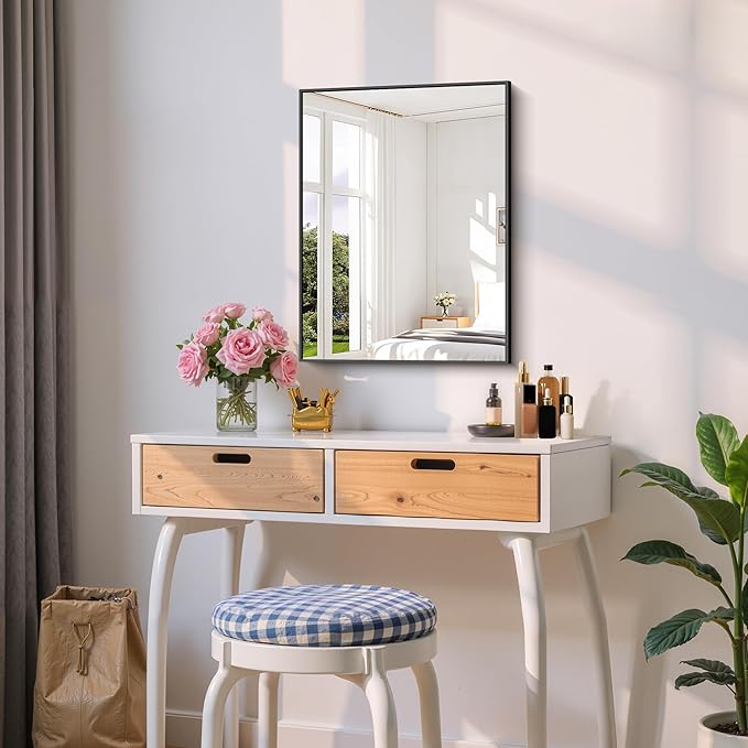 Black Bathroom Mirror for Wall, 18x24 Inch Rectangle Mirror with Metal Frame, Modern Vanity Mirrors for Bathroom Living Room, Entryway Hangs Horizontal or Vertical