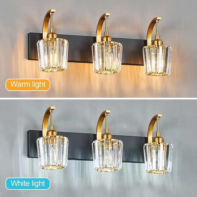 FDPBY Modern Bathroom Vanity Light, 3-Light Black Gold Wall Sconce with Crystal Accents, Over Mirror Bathroom Lighting Fixture, 23.62" Long Dimmable Vanity Lamp for Makeup, Easy Installation
