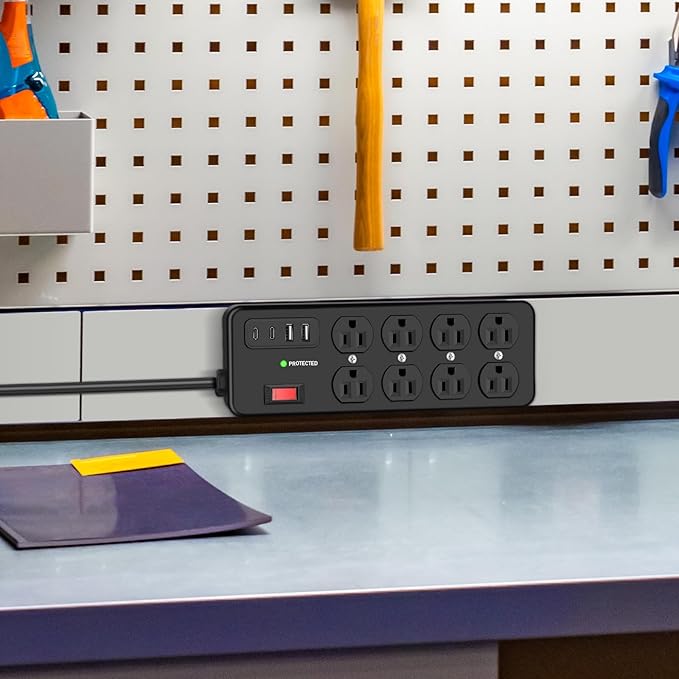 Heavy Duty Power Strip with USB,8 Outlet Workshop Metal Power Strip,PD20W USB C 15A 1200 Joules Surge Protection,Wide Spaced,15FT Cord