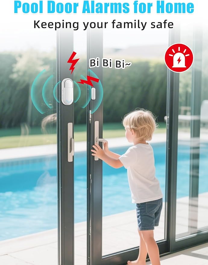 Sanjie Pool Door Alarms for Kids Safety/Home Security/Dementia,Wireless Door Alarms When Opened,Window Alarm sensors,0-120dB Volume Adjustable,4 Working Modes,2 Sensors 1 Remote Control