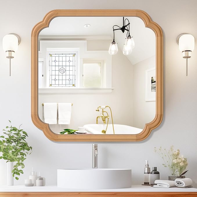 Ferytane Square Natural Wood Mirror 24X24 Inch,Wood Mirror for Bathroom Over Sink Rounded Corner Wooden Framed Mirror for Vanity, Entryway, Living Room Farmhouse, Tempered Glass (Natural Beech Wood)
