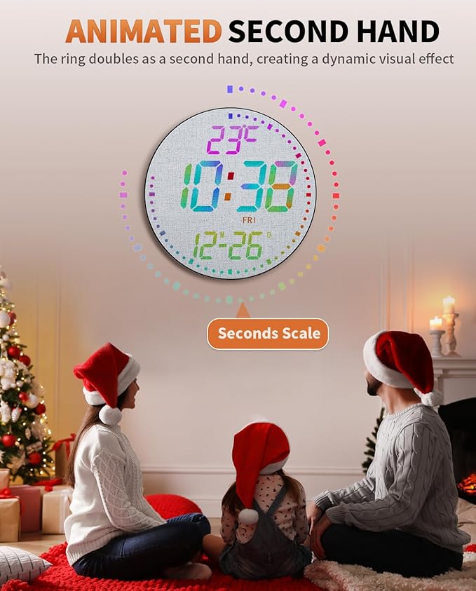 GLOKUUCA 12" Large Digital Wall Mount Clock, Count Down Timer, Alarm, Big LED, 12 RGB Color, Temperature for Living Room Classroom Desk, Xmas, Birthday Gift for Senior Mom (Fabric Elements)