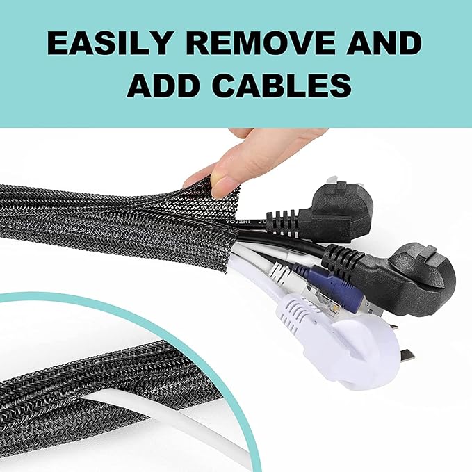 AGPTEK Cable Sleeve Cover, 10ft - 1.5 inch Desk Cord Organizer Cable Hider, Home Office Wire Management Computer TV Wire Loom Tubing, Pet Proof Cord Protector, from Cat Dog Chewing, Black