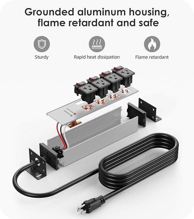 CCCEI Heavy Duty Surge Protector Power Strip 20 Amp Individual Switches. 25FT 12 Gauge Extension Cord with Multiple Outlets. Kitchen, Garage, Shop, Industrial Wall Mount Electric Extender, Grey.