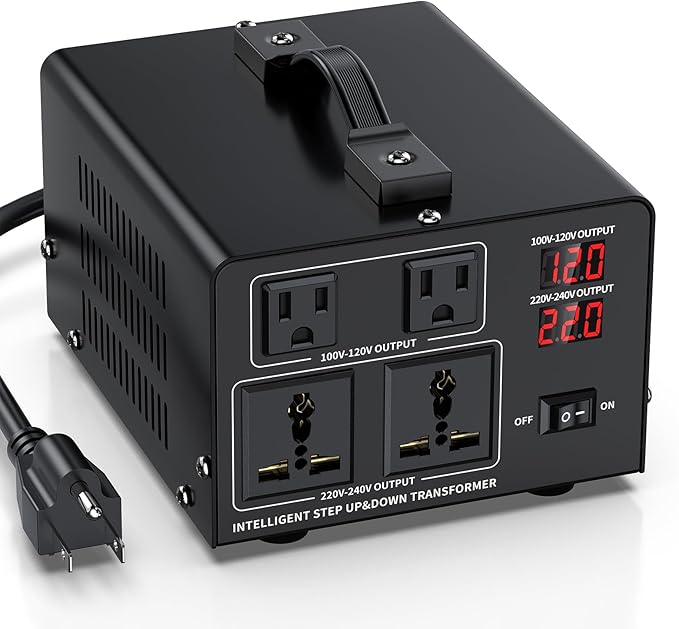 1500W Voltage Converter Transformer Step Up 110V/120V to220V/240V or Step Down 220V to 110V AC Power Converte, Circuit Breaker Protection, 2 US sockets, 2 Universal sockets, LCD Display