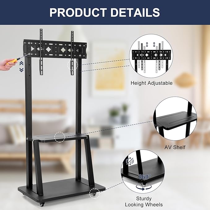 Maiproo Rolling TV Stand with Wheels for 32-75 Inch Heavy-Duty Mobile TV Cart LCD LED OLED Flat Panel Screens Smartboard Holds up to 100lbs Portable TV Stand on Wheels with Shelf Height Ajustable