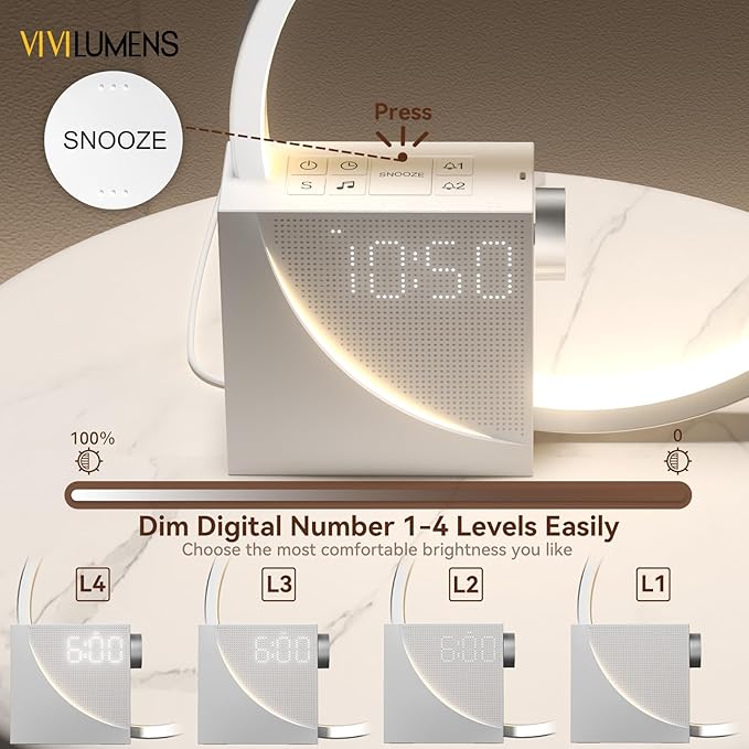 Vivilumens Sunrise Digital Alarm Clock, White Noise Sound Machine, Sleep Aid Timer with USB Port, Dimmable Digital Clocks Display, Snooze,10 Ringtones for Heavy Sleepers, Bedroom Decor Gifts for Women