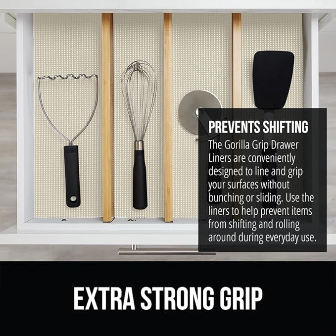 GORILLA GRIP powerGRIP Drawer Shelf and Cabinet Liner, Thick Strong Hold, Non-Adhesive Liners Protect Kitchen Cabinets and Cupboard, Bathroom Drawers, Easy Install, Breathable Mat, 17.5" x10', Cream
