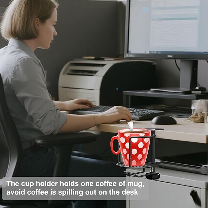 2-in-1 Desk Cup Holder,Anti-Spill Table Water Bottle Holder,Clamp On Table Stainless Steel Drinking Holder,Compatible with Universal Cups/Bottles/Mugs/Cans/Tumblers/Thermoses/Glass,2 Pack