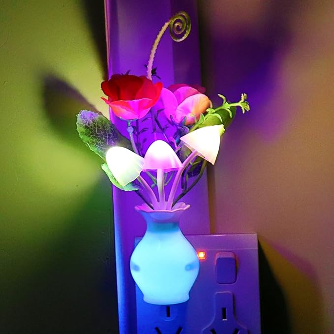 AUSAYE 3Pack Sensor Night Light Plug in Rose Flower Light, Energy Saving Lamp Dream Nightlight Mushroom Night Lights for Kids Adults Bedroom,Bathroom,Living Room,Kitchen,Hallway