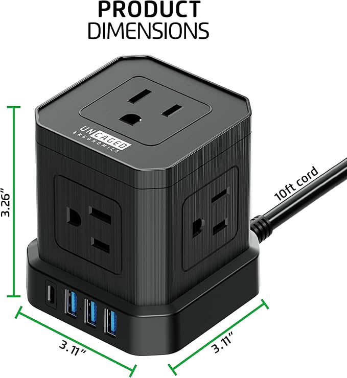 Cube Power Strips with Surge Protection, 10ft Extension Cord with Multiple Outlets, 5 AC Plugs, 3 USB, 1 Usbc Fast Charging Power Strip with USB Ports, Mountable On/Off Switch Charging Station