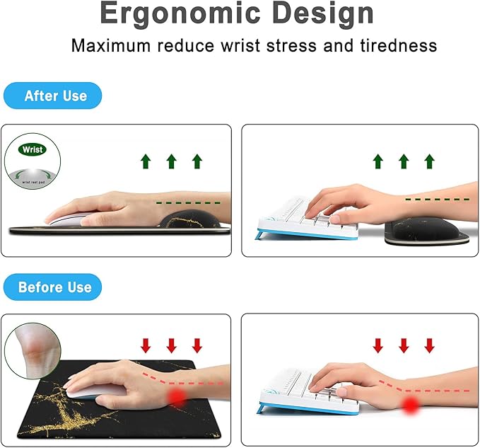 Keyboard Wrist Rest Memory Foam Ergonomic Mouse Pad with Computer Wrist Support Set with Non-Slip Rubber Base Coaster for Home, Office Easy Typing and Pain Relief - Black Marble