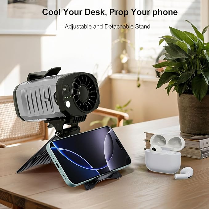 FlarePoint Portable 4-in-1 Waist/Neck/Desk Fan with Phone Stand & LED Light | 10000RPM Ultra-Fast Cooling, 4-Speed Rechargeable Battery | Lightweight for Indoor, Outdoor, Camping, Makeup(Grey)