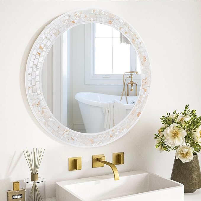 Tanmicoshomy Round Wall Mirror 24 Inch,Circle Mosaic Mirror with Natural Mother of Pearl and Wood Frame, Decorative Coastal Round Wall Mirror for Bathroom Bedroom Living Room Entryway