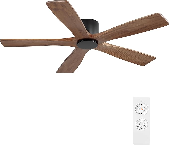 WINGBO 54" Flush Mount DC Ceiling Fans without Lights, 5 Carved Solid Wood Blades, 6-Speed Reversible DC Motor, Low Profile Hugger Ceiling Fan No Lights for Living Room Bedroom Patio, Black and Walnut