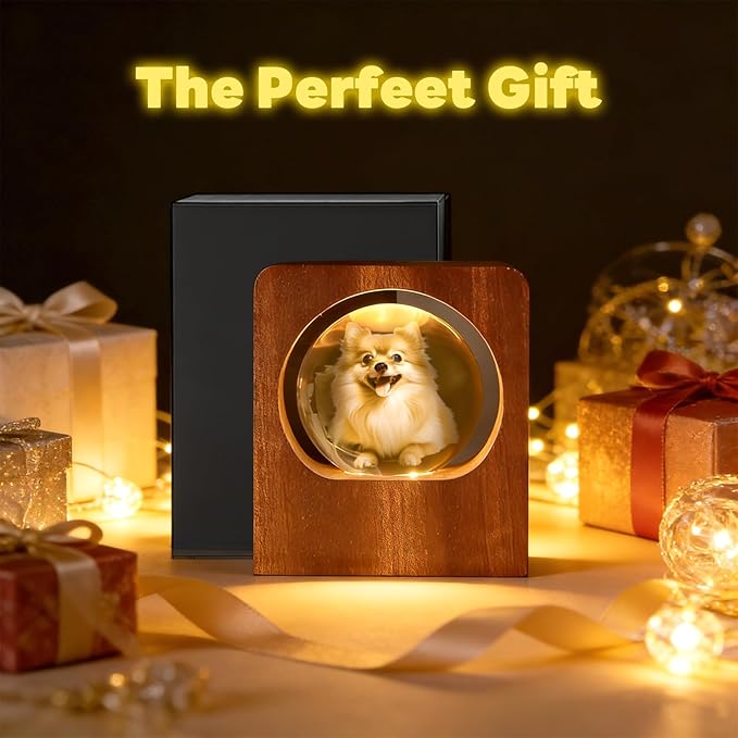 GigaGlow Personalized 3D Crystal Photo Night Light - Custom Engraved Glass Ball with LED Wood Base | Perfect Custom Gift for Family, Pets, Birthday, Valentine's Day
