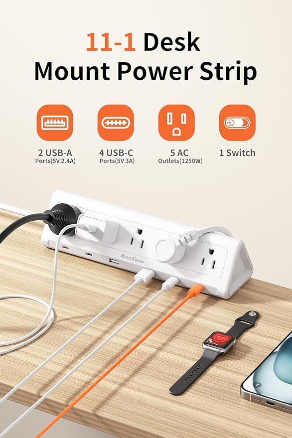 10 FT Desk Clamp Power Strip with 5 AC Outlets & 6 USB Ports PD 40W USB-C Fast Charging, 1250J Surge Protector, Fits 2.1 in top Edge White