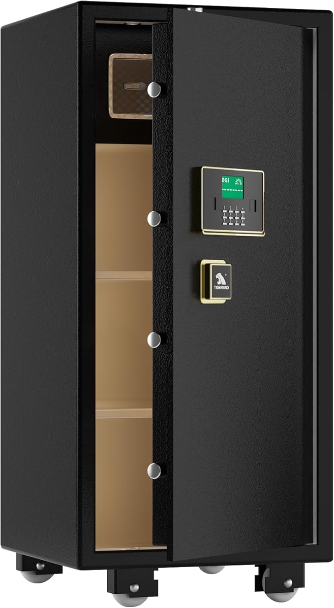 TIGERKING 5.9 Cu.ft Large Heavy Duty Safe Box, Big Home Security with Double Safety Key Lock, Adjustable Shelves, Anti-Theft Alarm System, Removable Wheels, Ideal for Home Office, Black
