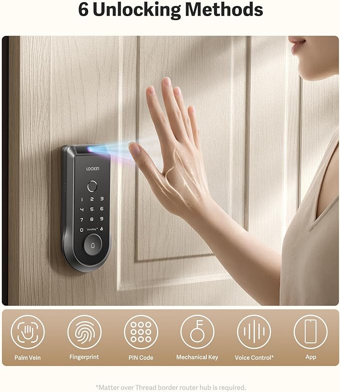 Lockin Veno Smart Lock, Palm Vein Recognition, Built-in Wi‑Fi, Palm Vein & Fingerprint Unlock, Keyless Front Door Entry, App Control, Auto‑Lock, Anti‑Peep PIN, 7‑Month Battery, IP65 Waterproof