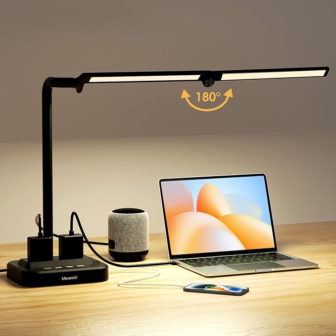 Moremili Adjustable LED Desk Lamp for Home Office | Integrated Power Hub with 2 Wide-Spaced AC Outlets, USB-C & USB-A Charging Ports | Anti-Glare Light, Foldable Design & Surge Protection
