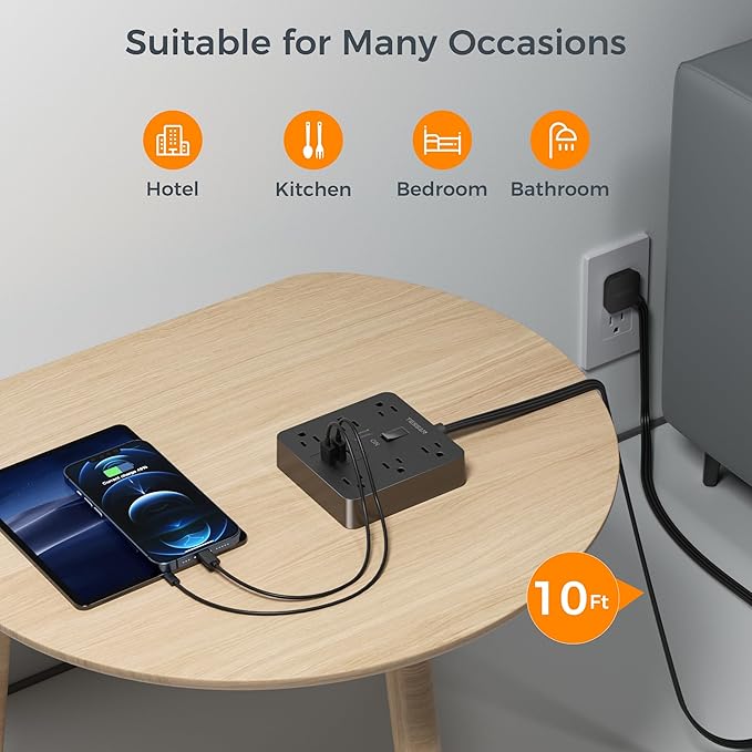 TESSAN Black Surge Protector Power Strip 10 ft Cord, Flat Plug Extension Cord with 6 Outlets 3 USB Ports (1 USB C), 1700J Protection, Heavy Duty Power Strip for Indoor Home Office School Dorm Room