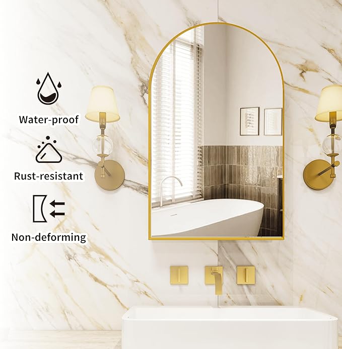 Gold Arched Medicine Cabinet with Mirror,20x32 Wall Mount Medicine Cabinet with Adjustable Glass Shelves,Surface Mount Only,No Recessed,Brushed Gold Medicine Cabinet with Mirror