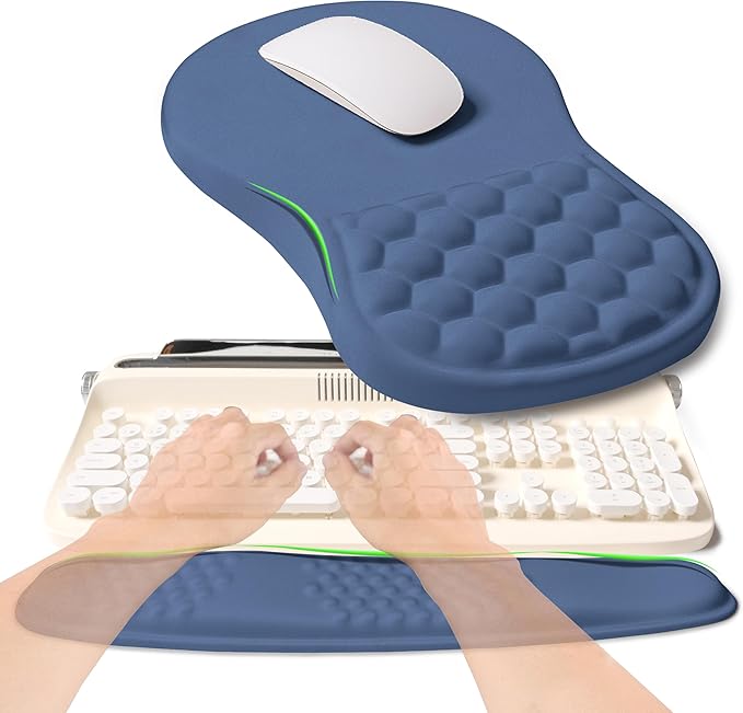 KUOSGM 2-in-1 Ergonomic Set, Wave Rise Keyboard Wrist Rest and Massage Bulge Slope Mouse Pad Wrist Support, Cushion Memory Foam Integrated to Relieve Wrist Pain, Dark Blue