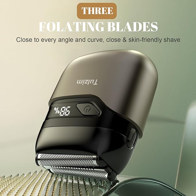 Tulzim Electric Foil Shaver for Men: Portable Electric Razor for Beard/Face, 3 Floating Blade LED Display USB-C Fast Rechargeable, IPX7 Waterproof for Travel & Home,Matte Brown