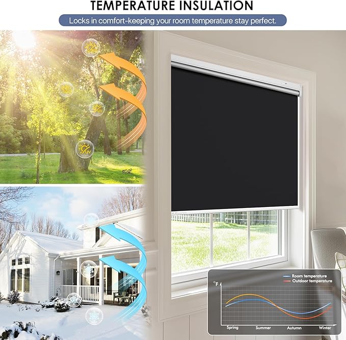 Motorized Roller Blinds with Remote Control & Solar Panel - 100% Blackout Smart Blinds, Automatic, Cordless, Electric Shades - Compatible with Alexa - Black, 48" W x 72" H