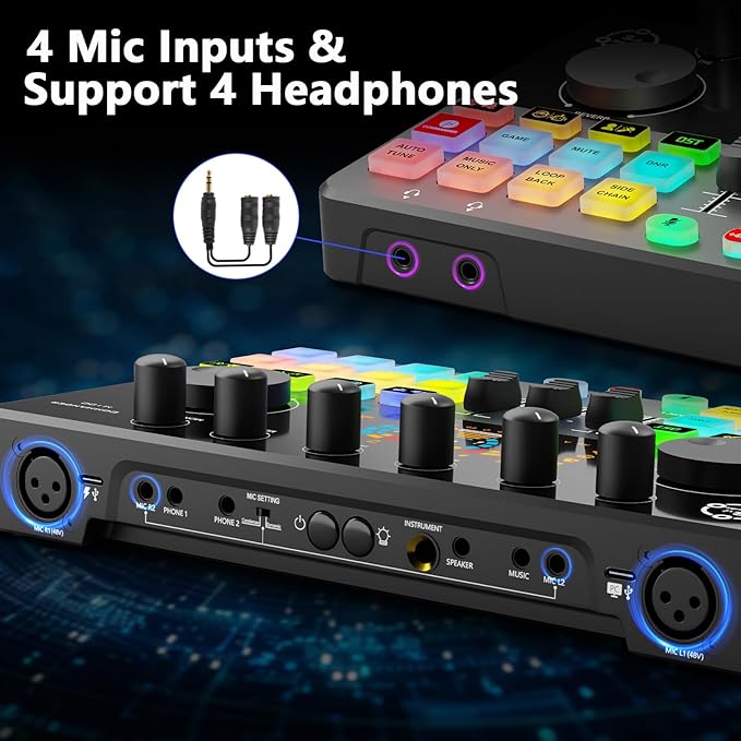 Podcast Equipment Bundle for 4, Audio Interface with 4 Dynamic Microphone, 4 Desktop Mic Stands, Voice Change, DJ Mixer for Vocal Recording Podcasting,Streaming,Singing TikTok, COMMANDER M100 3rd