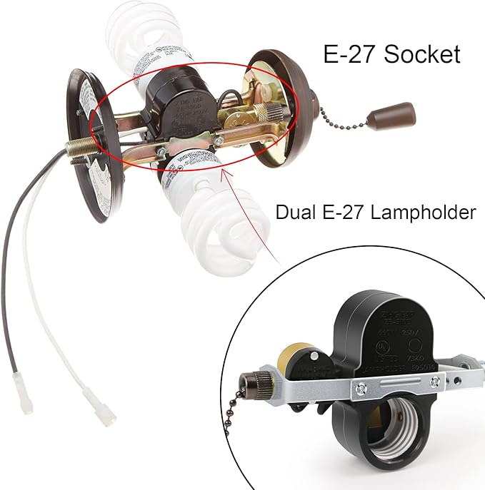 Dotlite Zing Ear ZE-310D Light Socket Pull Chain Switch, 660W Daul E27 Lamp Holder with ZE-109M Swith for Ceiling Fan Light Kit Replacement Parts