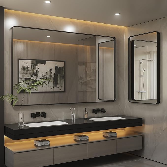ISKM Black Framed Mirror for Bathroom 48" x 36" Decorative Rectangular Wall Mounted Mirror Shatter-Proof Best for Washroom, Bedroom, Living Room (Horizontal/Vertical)