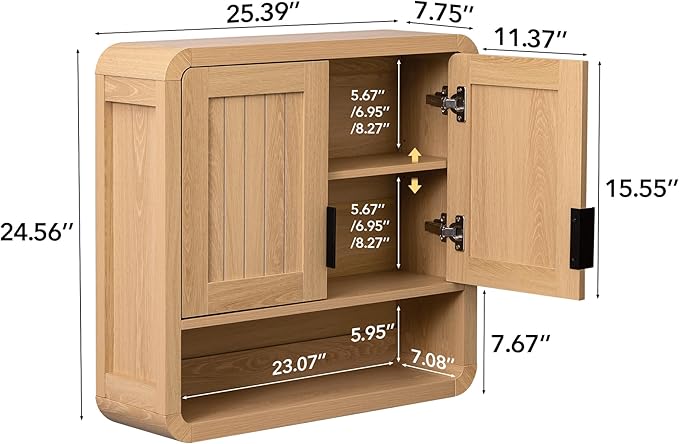 Modern Farmhouse Bathroom Wall Cabinet, Oak Finish Medicine Cabinet with Soft-Close Doors, Wall Mounted Storage Organizer with Rounded Edges for Kitchen, Laundry Room, Entryway